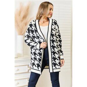 nwt Mandy Woven Right Houndstooth Open Front Longline Cardigan